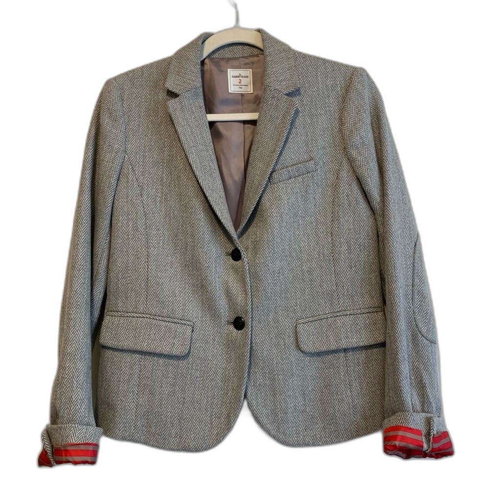 GAP Women's Gray Herringbone Blazer with Red Cuff Accent
